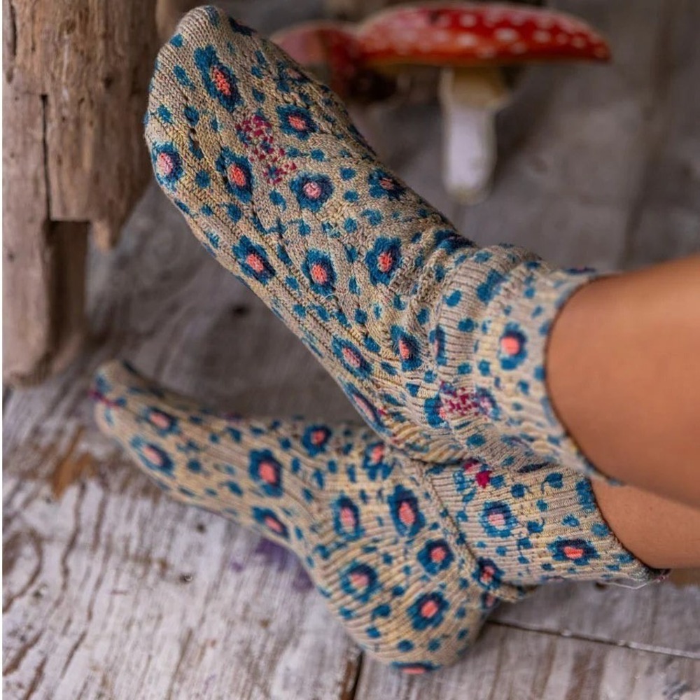 Magnolia Pearl Knit Leopard Print Crew Socks Blue Pink Animal Print Bohemian NWT